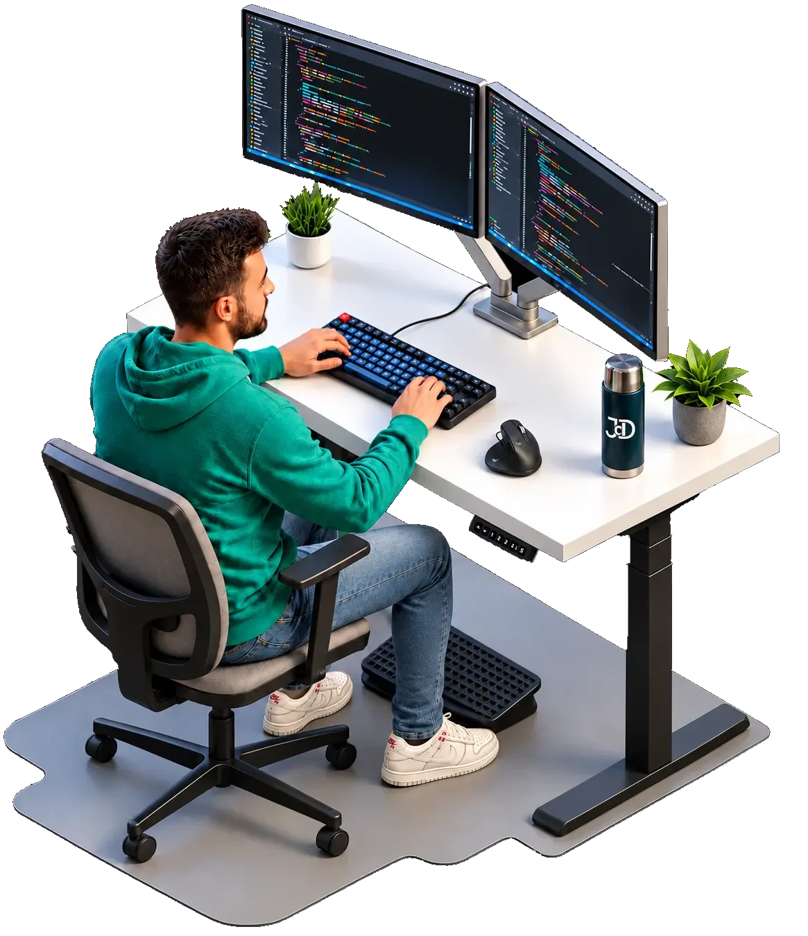 Ilustración de Juan de Dios programando en su escritorio con dos monitores